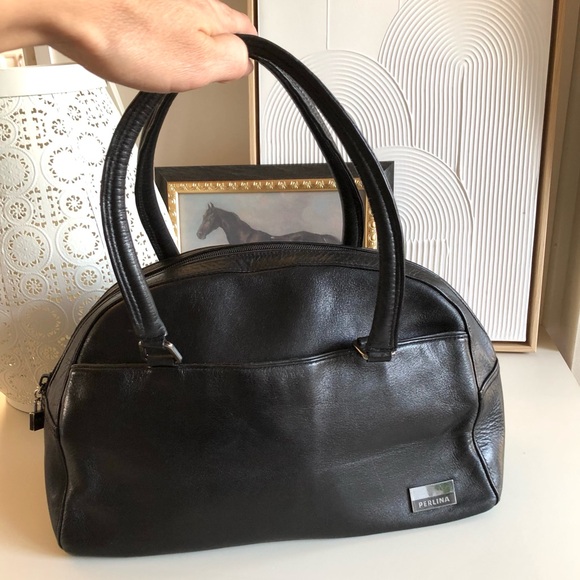 Perlina New York Satchel Arch soft black leather handbag silver hardware - Picture 2 of 14